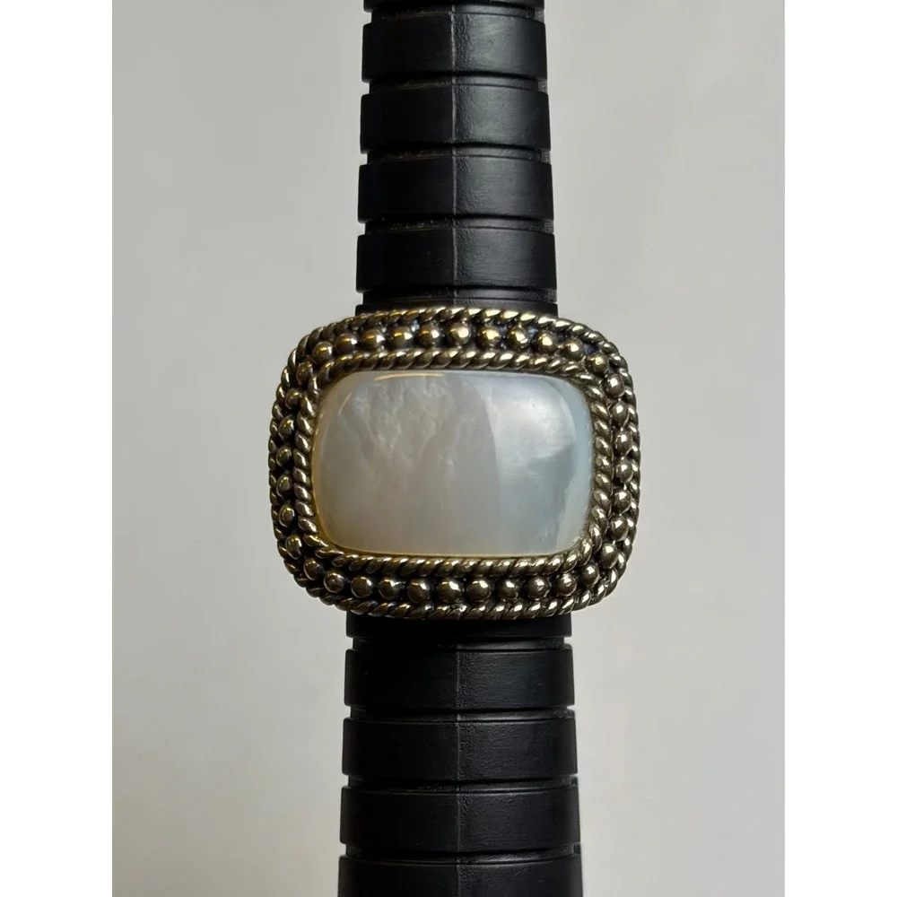 Vintage Mother of Pearl Ring 6 Silver 925 Sterling Statement Braided Border Wide